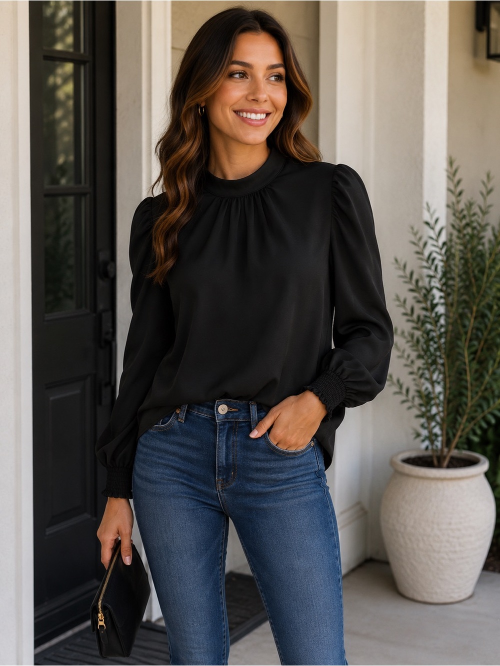 HYFVE Black Long-Sleeve Puff Shoulder Blouse